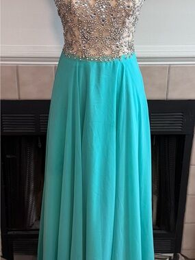 Coya Collections Cream and Mint Green  Ballgown with Sequin Illustration Bodice